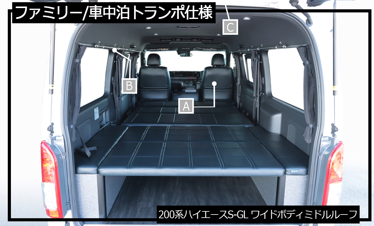 200系ハイエース「ファミリー/車中泊トランポ」に使えるESパーツの架装